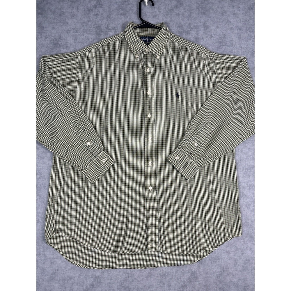 Vintage Ralph Lauren Blake Shirt Mens L Green Plaid Hong Kong 100% Cotton 90s